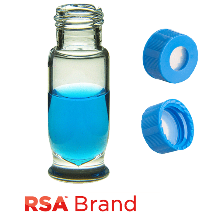 Vial & Cap Kit Includes 100 EA 1.8ml, Maximum Recovery, Screw Top, Clear RSA™ Autosampler Vials and 100 EA matching Screw Caps with Clear AQR Silicone Rubber / Clear PTFE, ultra-pure Septa, fitted in the Light Blue Caps. RSA Brand  1 PK.