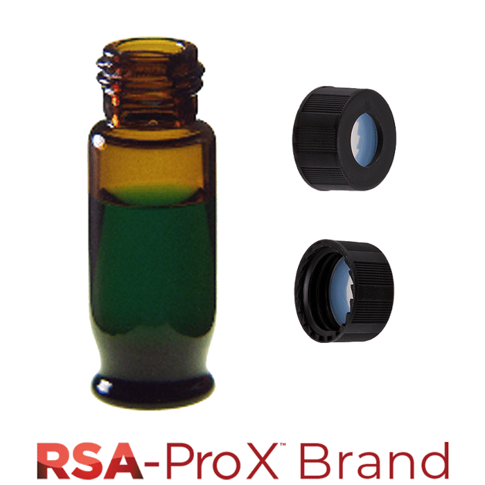 Vial & Cap Kit. 100 EA 1.8ml, Screw Top, Hydrophobic, Amber Autosampler Vials and matching Black Caps with Clear Silicone Rubber / PTFE Septa. RSA-Pro X Brand. 1 PK.