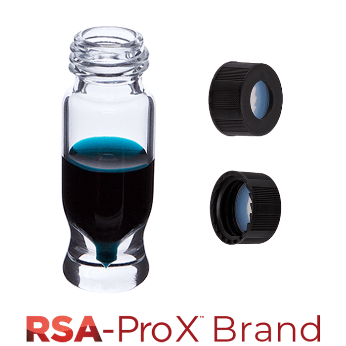 Vial & Cap Kit. 100 EA 1.2ml, Screw Top, Hydrophobic, Clear MRQ Autosampler Vials and matching Black Caps with Clear Silicone Rubber / PTFE Septa. RSA-Pro X Brand. 1 PK.