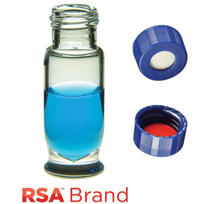 Vial & Cap Kit Includes 100 EA 1.8ml, Maximum Recovery, Screw Top, Clear RSA™ Autosampler Vials and 100 EA matching Screw Caps with White Silicone Rubber / Red PTFE Soft-Guard Septa, bonded in the Blue Caps. RSA Brand  1 PK.