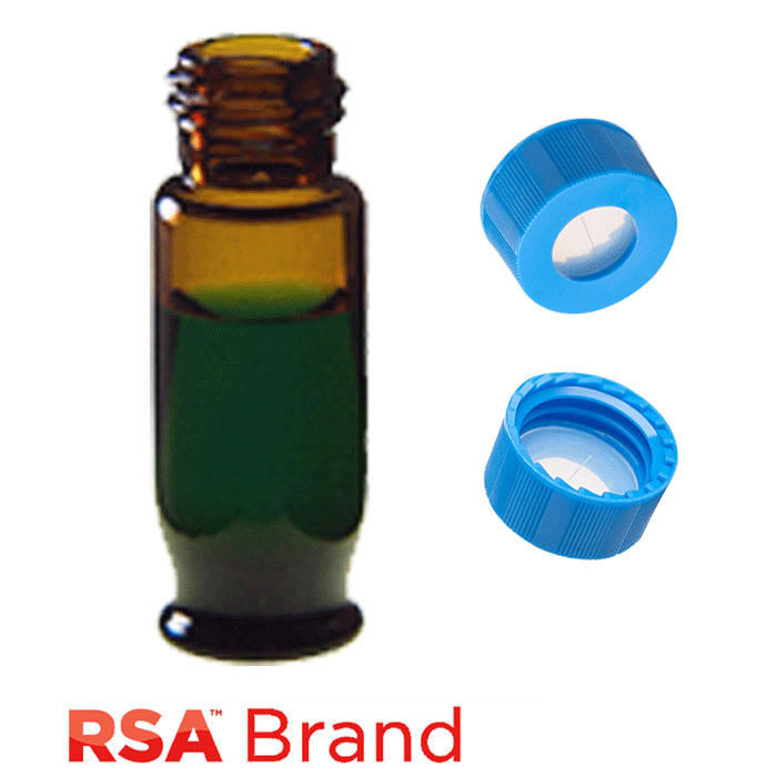 Vial & Cap Kit Includes 100 EA 1.8ml, Maximum Recovery, Screw Top, Amber RSA™ Autosampler Vials and 100 EA matching Screw Caps with Clear AQR Silicone Rubber / Clear PTFE, ultra-pure, Pre-Slit Septa, fitted in the Light Blue Caps. RSA Brand  1 PK.