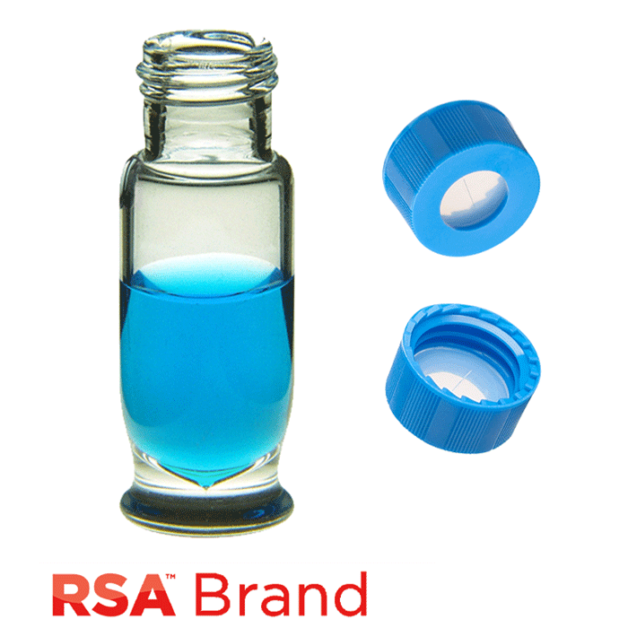 Vial & Cap Kit Includes 100 EA 1.8ml, Maximum Recovery, Screw Top, Clear RSA™ Autosampler Vials and 100 EA matching Screw Caps with Clear AQR Silicone Rubber / Clear PTFE, ultra-pure, Pre-Slit Septa, fitted in the Light Blue Caps. RSA Brand  1 PK.