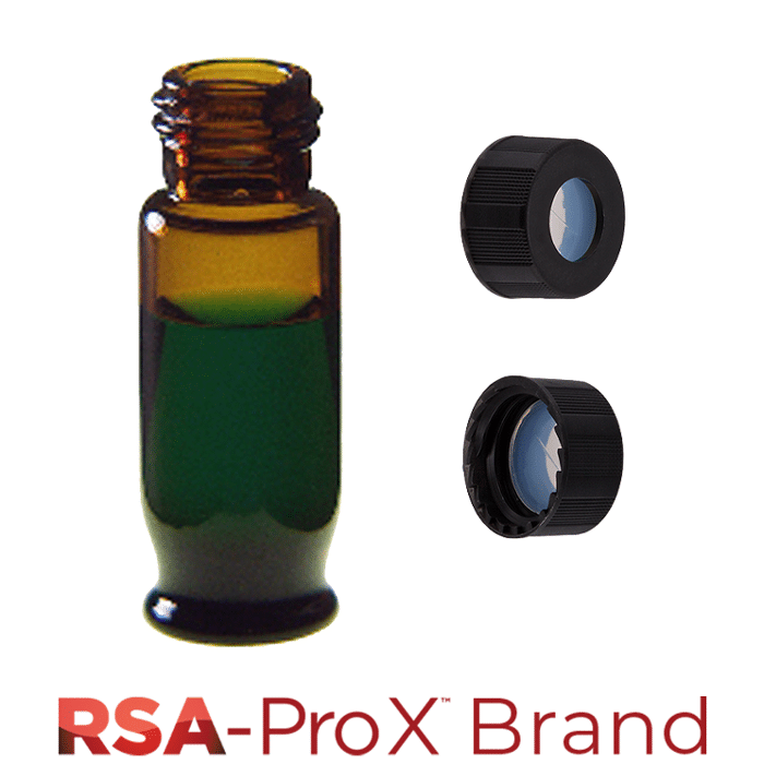 Vial & Cap Kit. 100 EA 1.8ml, Screw Top, Hydrophobic, Amber Autosampler Vials and matching Black Caps with Clear Silicone Rubber / PTFE Pre-Slit Septa. RSA-Pro X Brand. 1 PK.