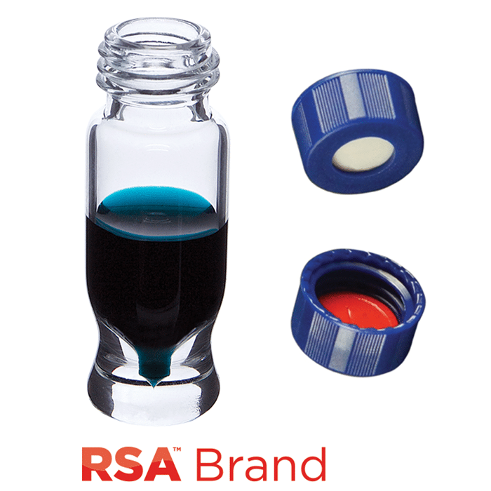 Vial & Cap Kit Includes 100 EA 1.2ml, MRQ, Screw Top, Clear RSA™ Autosampler Vials and 100 EA matching Screw Caps with White Silicone Rubber / Red PTFE Pre-Slit Soft-Guard Septa, bonded in the Blue Caps. RSA Brand  1 PK.