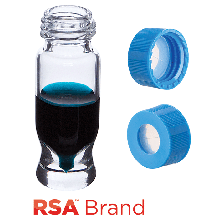 Vial & Cap Kit Includes 100 EA 1.2ml, MRQ, Screw Top, Clear RSA™ Autosampler Vials and 100 EA matching Screw Caps with Clear AQR Silicone Rubber / Clear PTFE, ultra-pure, Pre-Slit Septa, fitted in the Light Blue Caps. RSA Brand  1 PK.