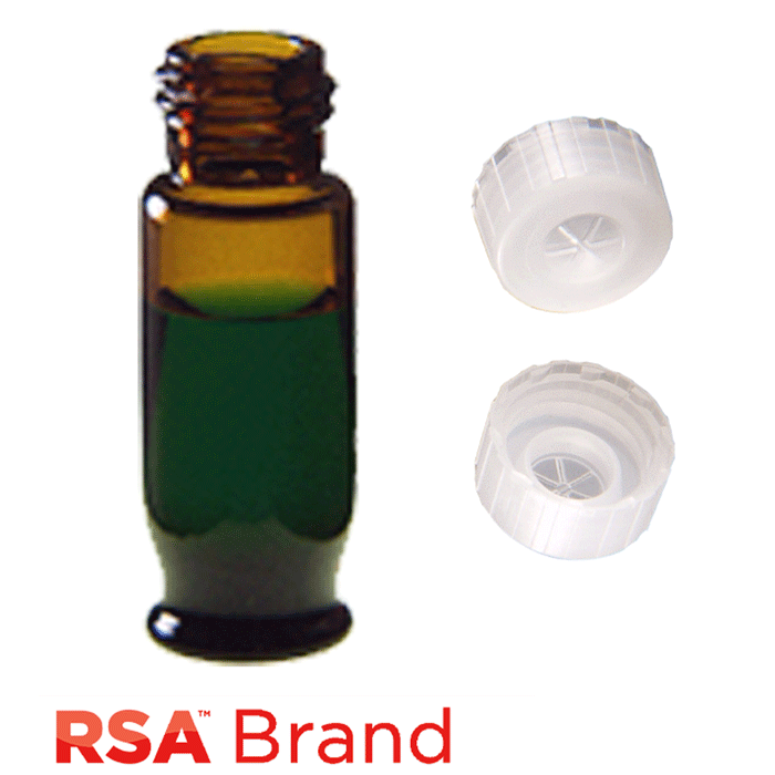 Vial & Cap Kit Includes 100 EA 1.8ml, Maximum Recovery, Screw Top, Amber RSA™ Autosampler Vials and 100 EA matching Single injection, Screw Caps with a thinned penetration point, Natural color. RSA Brand  1 PK.