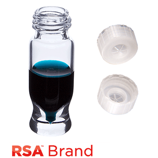Vial & Cap Kit Includes 100 EA 1.2ml, MRQ, Screw Top, Clear RSA™ Autosampler Vials and 100 EA matching Single injection, Screw Caps with a thinned penetration point, Natural color. RSA Brand  1 PK.