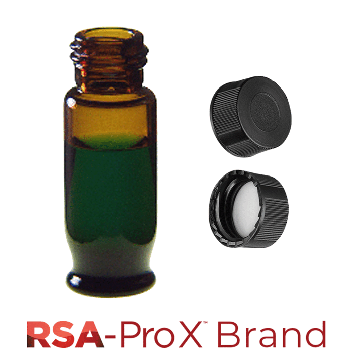 Vial & Cap Kit. 100 EA 1.8ml, Screw Top, Hydrophobic, Amber Autosampler Vials and matching Solid Black Caps with Clear Silicone Rubber / PTFE Liner. RSA-Pro X Brand. 1 PK.