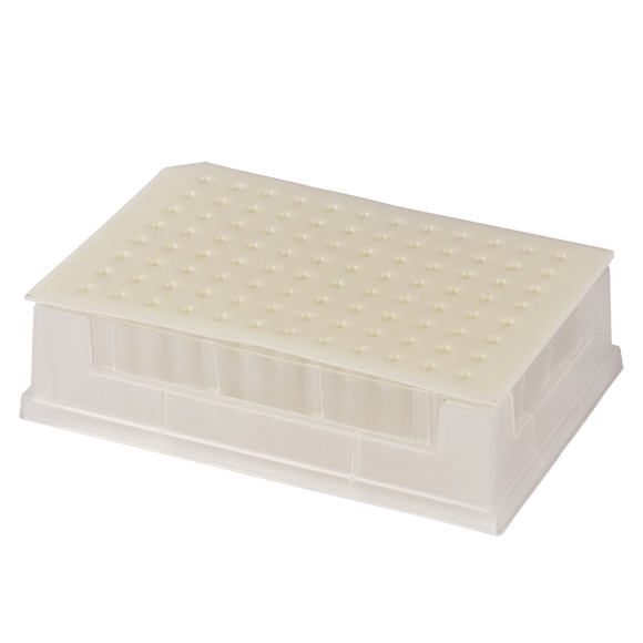 Micro-Sample Management System. Complete Set, includes 96 individual, 350uL glass Inserts with RSA-Pro X surfaces in a Rack and Base plus a matching Pre-Slit, Solvent Resistant, Polymeric plug style, Sealing Mat, 1 EA.
