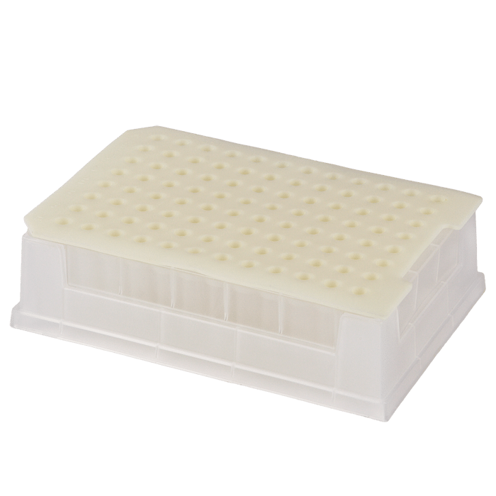 Micro-Sample Management System. This set includes 96, 500ul Precision, Glass Inserts in a Rack with a Base and a Pre-Slit Solvent Resistant, Polymeric Plug Style Sealing Mat, 1/PK.