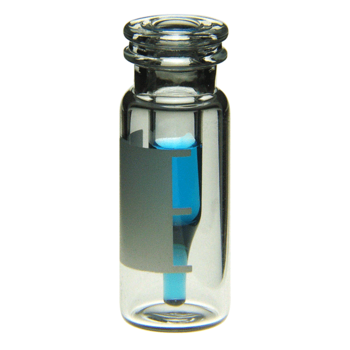 Vials, Snap Top, Glass. Clear / Clear Insert, 300ul with Write-On Patch and fill lines, Fused Insert™. An 11mm snap ring and 12x32mm outer dimensions. For use as an autosampler vial. RSA Brand. 100/PK.