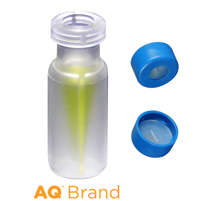 Vial & Cap Kit Includes 100 EA 300ul, snap top, clear polypropylene LCMS compatible autosampler vials and 100 EA matching snap caps with silicone rubber / PTFE pre-slit, ultra-pure septa, fitted in the light blue caps. AQ Brand  1/PK.