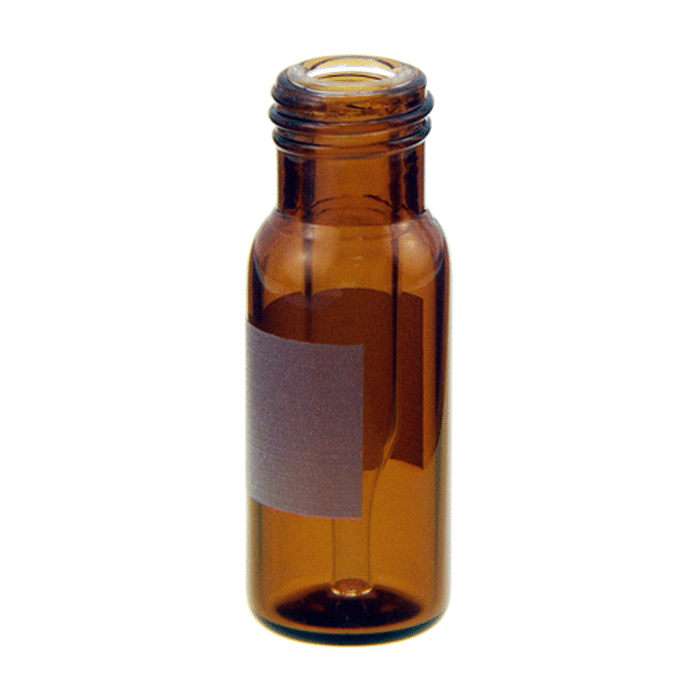 Vials, Screw Top, Glass. Amber / Clear Insert, 300ul with Write-On Patch, Fused Insert™, 9-425mm threads, 12x32mm outer dimensions. For use as an autosampler vial. RSA Brand. 100/PK.