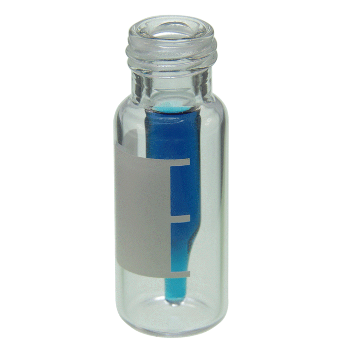 Vials, Screw Top, Glass. Clear / Clear Insert, 300ul with Write-On Patch and fill lines, Fused Insert™, 9-425mm threads, 12x32mm outer dimensions. For use as an autosampler vial. RSA Brand. 100/PK.