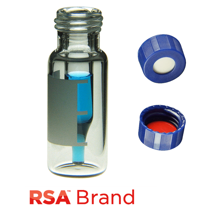 Vial & Cap Kit Includes 100 EA 300ul, Fused Insert, Screw Top, Clear Autosampler Vials with Write on Patch and fill lines and 100 EA matching Screw Caps with White Silicone Rubber / Red PTFE Soft-Guard Septa, bonded in the Blue Caps. RSA Brand  1 PK.