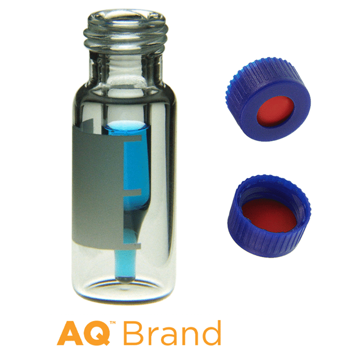 Vial & Cap Kit Includes 100 EA 300ul, Fused Insert, Screw Top, Clear Autosampler Vials with Write on Patch and fill lines and 100 EA matching Screw Caps with Red PTFE / White Silicone Rubber / Red PTFE Septa, bonded in the Blue Caps,  1/PK.