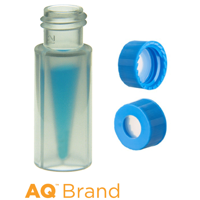 Vial & Cap Kit Includes 100 EA 300ul, Screw Top, Clear polypropylene LCMS Compatible Autosampler Vials and 100 EA matching Screw Caps with Silicone Rubber / PTFE, ultra-pure Septa, fitted in the Light Blue Caps. AQ Brand  1/PK.