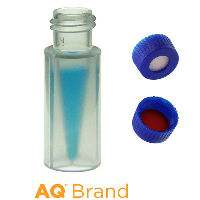 Vial & Cap Kit Includes 100 EA 300ul, Screw Top, Clear polypropylene LCMS Compatible Autosampler Vials and 100 EA matching Screw Caps with Silicone Rubber / PTFE Septa, bonded in the Blue Caps, AQ Brand  1/PK.