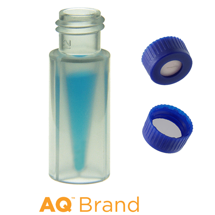 Vial & Cap Kit Includes 100 EA 300ul, Screw Top, Clear polypropylene LCMS Compatible Autosampler Vials and 100 EA matching Screw Caps with Tan Silicone Rubber / White PTFE, Pre-Slit Septa bonded in the Blue Caps. AQ Brand  1/PK.