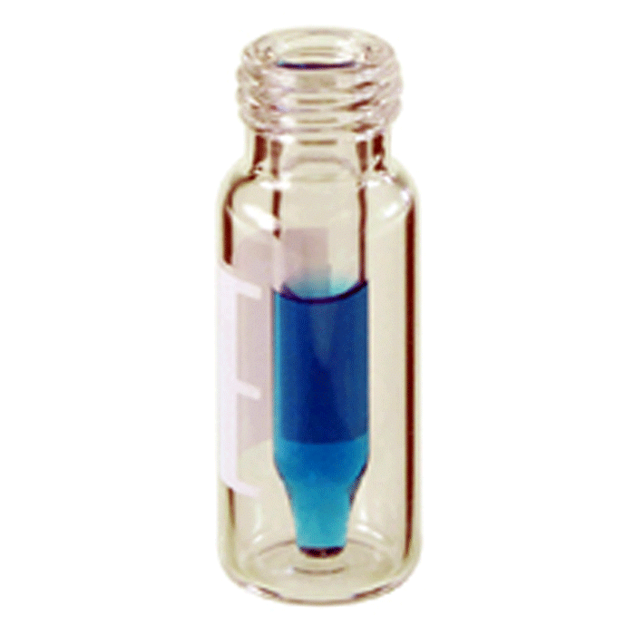 Vials, Screw Top, Glass. Clear / Clear Insert, 300ul with Write-On Patch and fill lines, Wide Tip Fused Insert™, 9-425mm threads, 12x32mm outer dimensions. For use as an autosampler vial. RSA Brand. 100/PK.