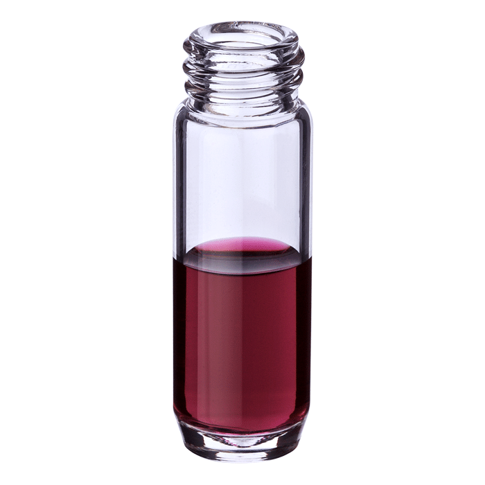 Vials, Screw Top, Glass. Clear, 3.8ml, Max Recovery™, 13-425mm threads, 14.75x45mm outer dimensions for 13mm screw caps. For use as an autosampler vial or storage container. BASIK Brand. 1000/CS.