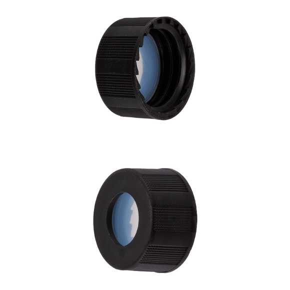 Caps, Screw Top, with Silicone Rubber / PTFE, ultra-pure Septa, fitted in knurled, polypropylene, Black Caps. For use with 9-425mm thread, 12x32mm autosampler vials, 100/PK