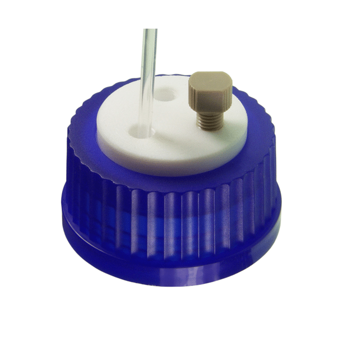 Cap, Mobile Phase Delivery System, GL45 Threads, Blue, PE, for HPLC Reservoir Bottles. A PTFE Insert with 3 Holes, PEEK Plug and O-ring is included 1 EA.