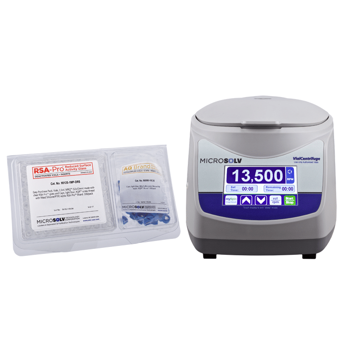 The Vial Centrifuge with 8 Position rotor for 2ml heavy wall vials, Includes 8 special adapters one pack of RSA-Pro X™ MRQ screw top vials with black, non-slit AQR™ Caps. (9512S-1DMP-PX). MicroSolv™ Brand. 1 EA.230V and CE Marked