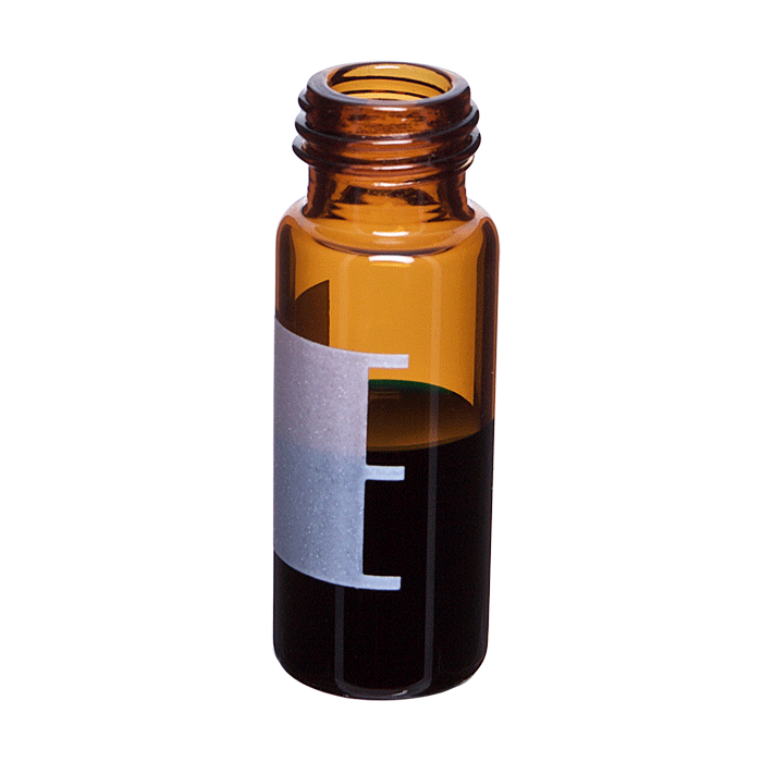 Vials, Screw Top, Glass. Amber, 2ml, with Write-On Patch and fill lines, 9-425mm threads, 12x32mm outer dimensions. For use as an autosampler vial. RSA Brand. 100/PK.