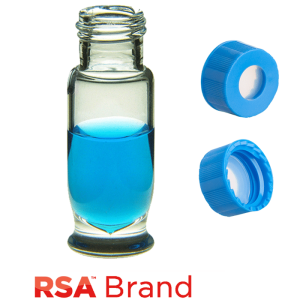 Vial & Cap Kit Includes 100 EA 1.8ml, Maximum Recovery, Screw Top, Clear RSA™ Autosampler Vials and 100 EA matching Screw Caps with Clear AQR Silicone Rubber / Clear PTFE, ultra-pure Septa, fitted in the Light Blue Caps. RSA Brand 1 PK.