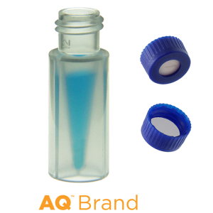 Vial & Cap Kit Includes 100 EA 300ul, Screw Top, Clear polypropylene LCMS Compatible Autosampler Vials and 100 EA matching Screw Caps with Tan Silicone Rubber / White PTFE, Pre-Slit Septa bonded in the Blue Caps. AQ Brand 1/PK.